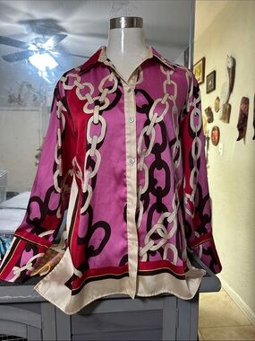 Zara Pink & Cream Chain-Print Satin Button-Up Blouse
